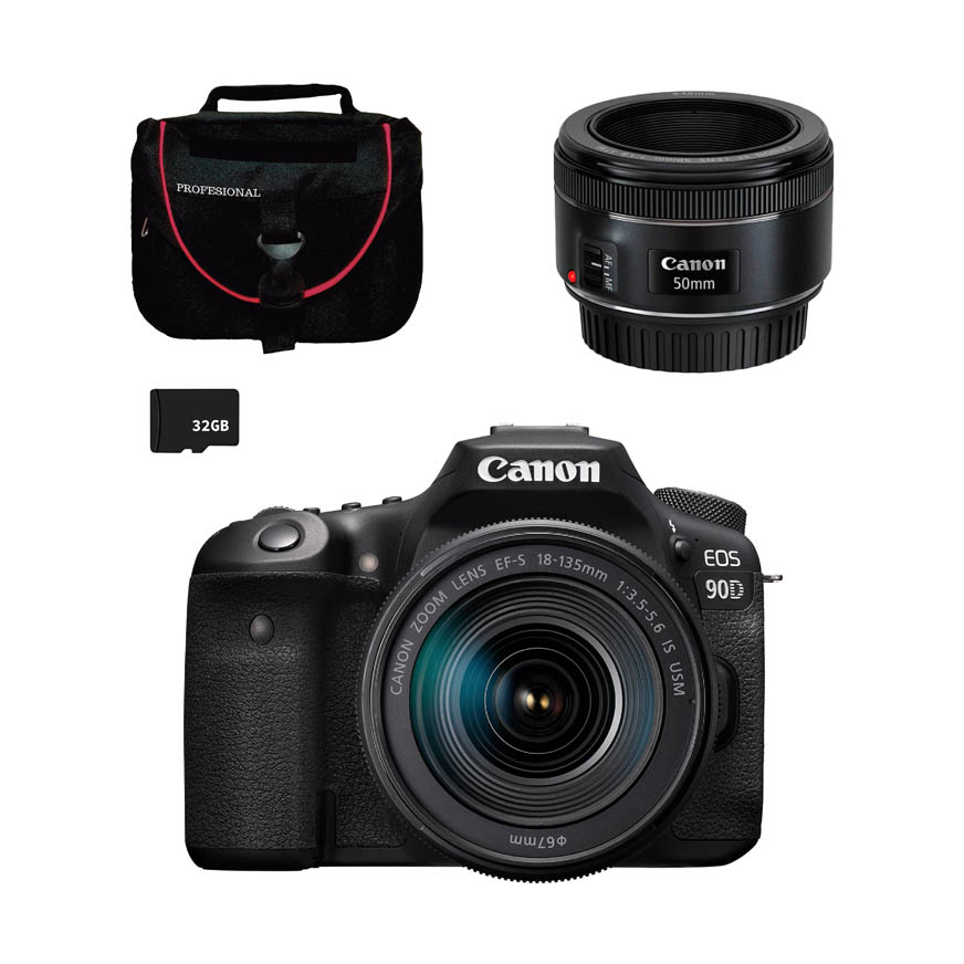 COMBO 72 EOS 90D EF-S 18-135MM + EF 50MM + MEMORIA 32 GB + EST. NAC