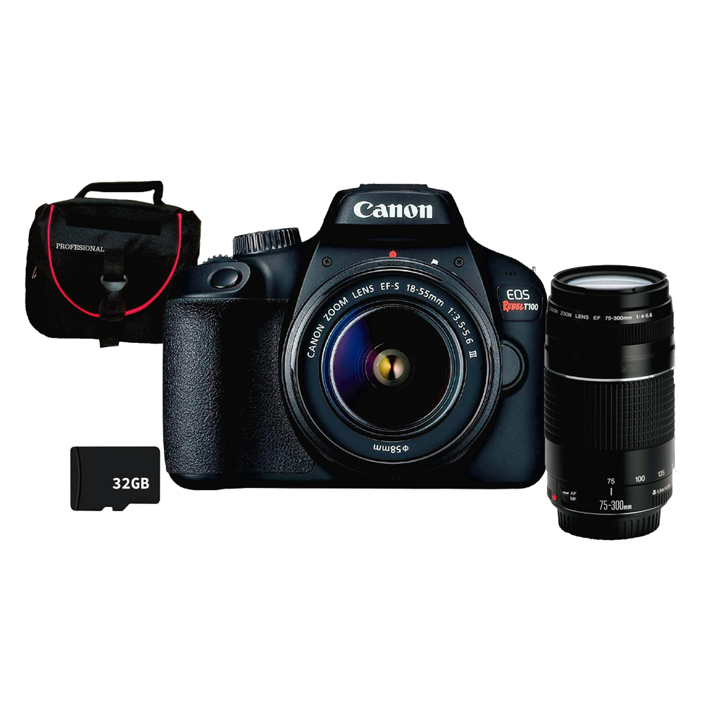 [FOGCAV2628C003AAC1] COMBO 49 CAM. T100+ EF-S 18-55 MM DC III+EF 75-300MM F-4-5.6 CANON + MEMORIA 32GB+MALET. NAC
