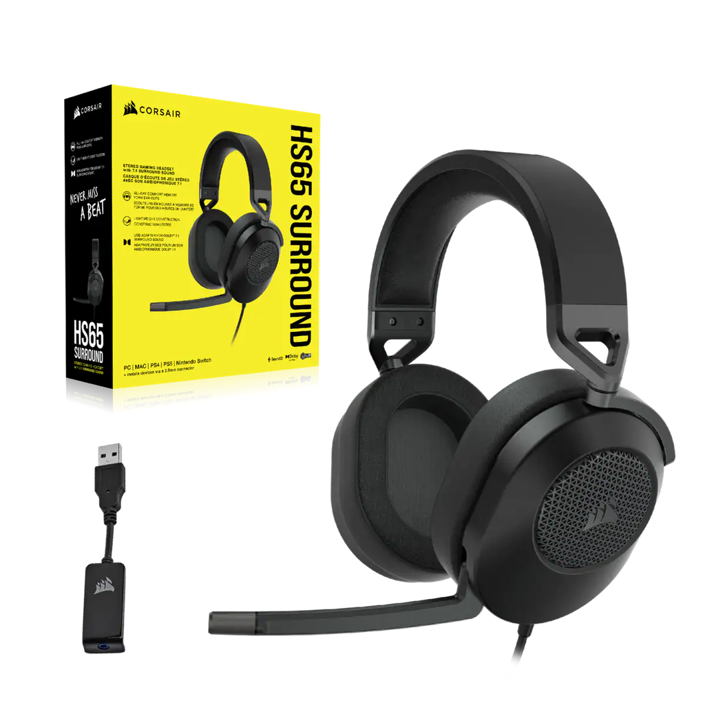 CORSAIR HS65 SURROUND GAMING HEADSET, CARBON