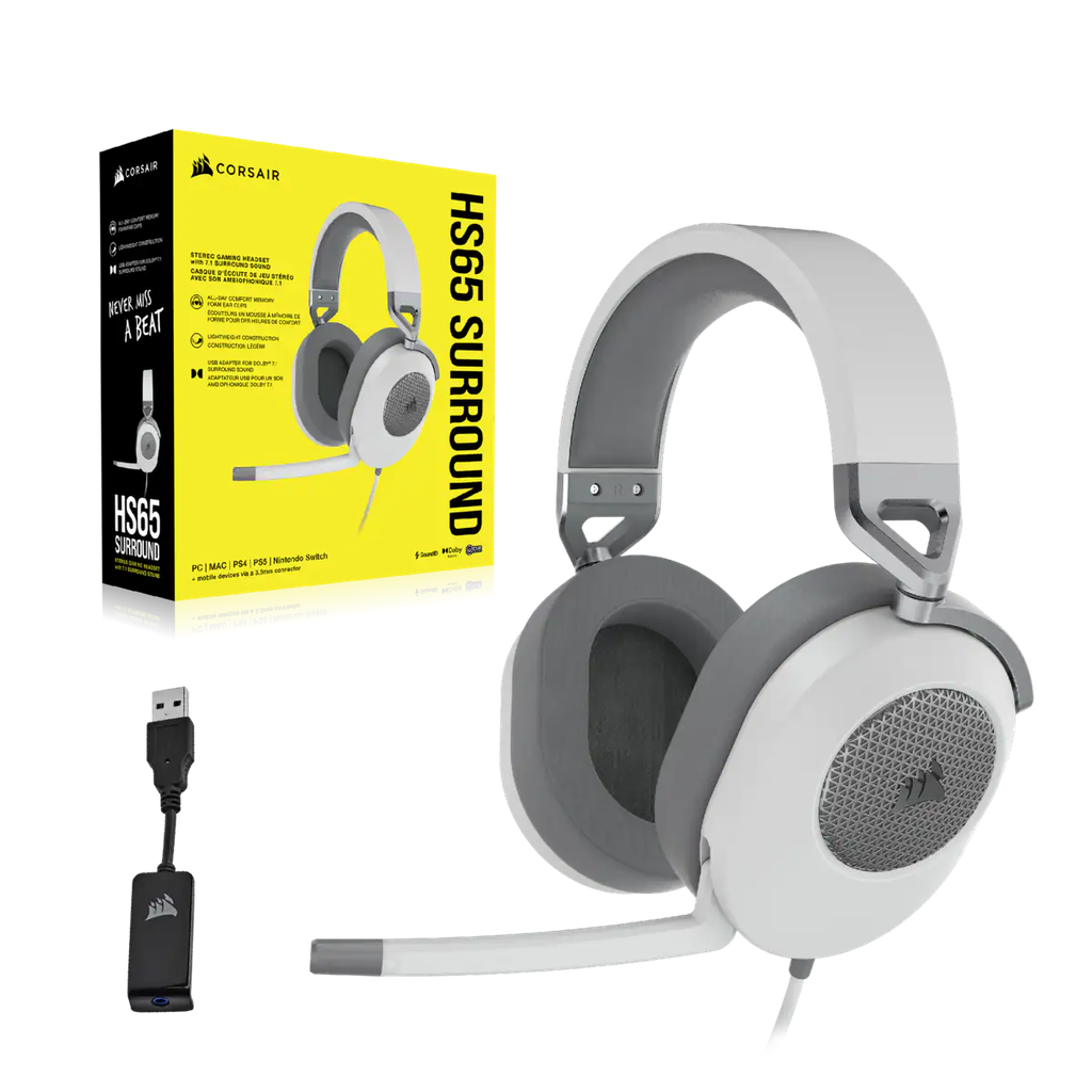 CORSAIR HS65 SURROUND GAMING HEADSET, WHITE