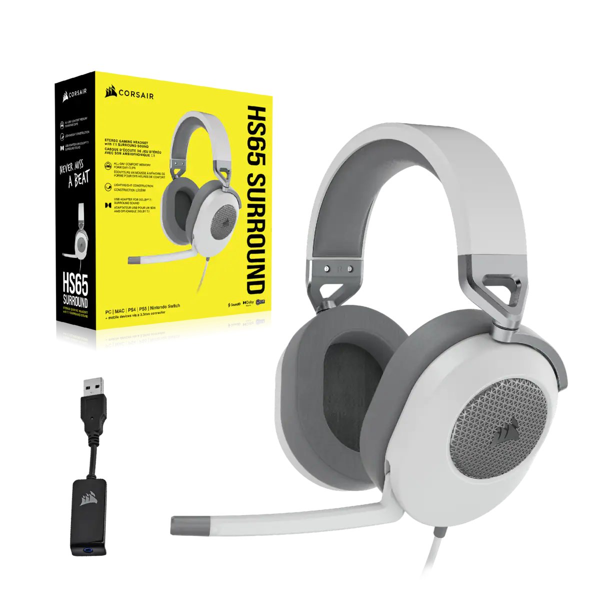 CORSAIR HS65 SURROUND GAMING HEADSET, WHITE