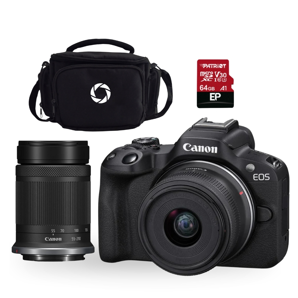 [FOGCAV5811C022AAR50C89] COMBO 89: CÁMARA MIRRORLESS CANON EOS R50 C/ RFS 18-45 IS STM+ LENTE RFS 55-210 IS STM + MEMORIA 64 GB + MALETÍN