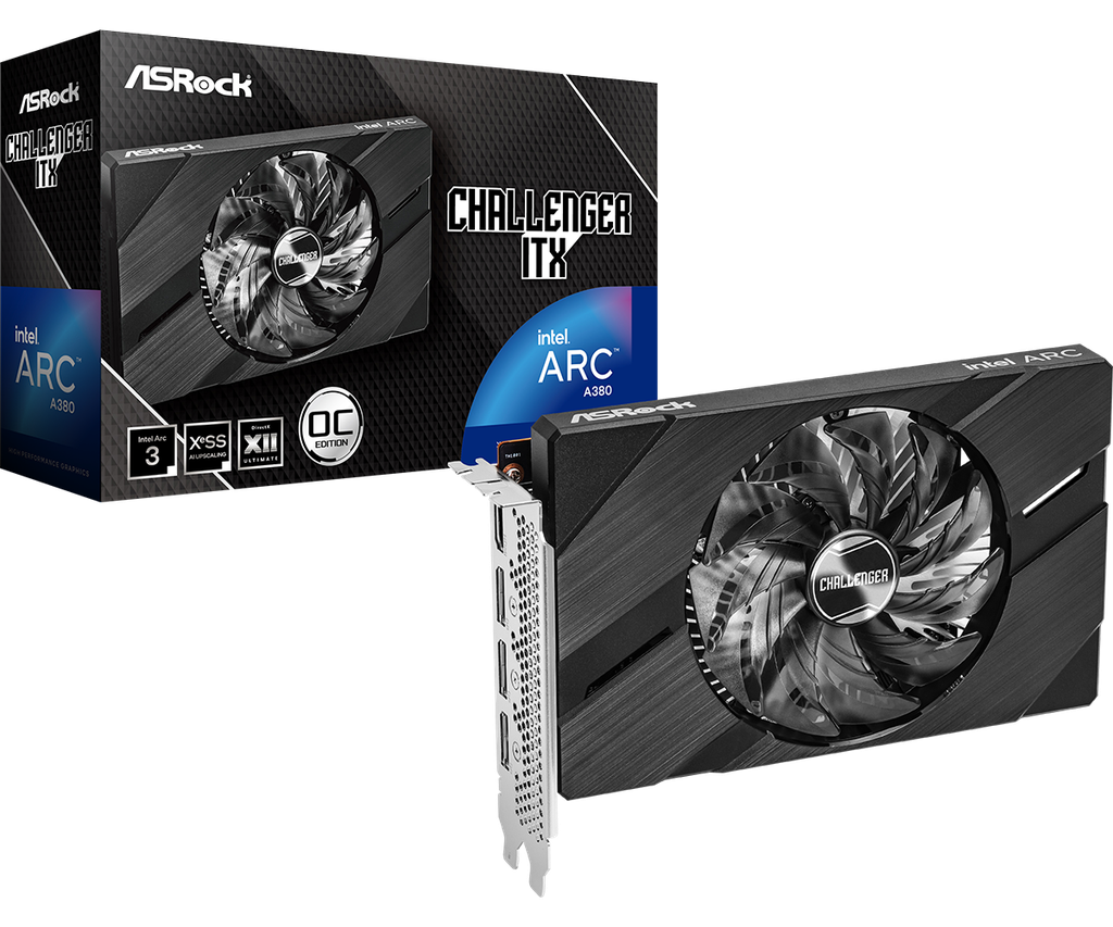 TARJETA GRAFICA ASROCK INTEL ARC A380 CHALLENGER OC, 6GB, DDR6, ITX, 96 BITS, PCIE 4.0 .