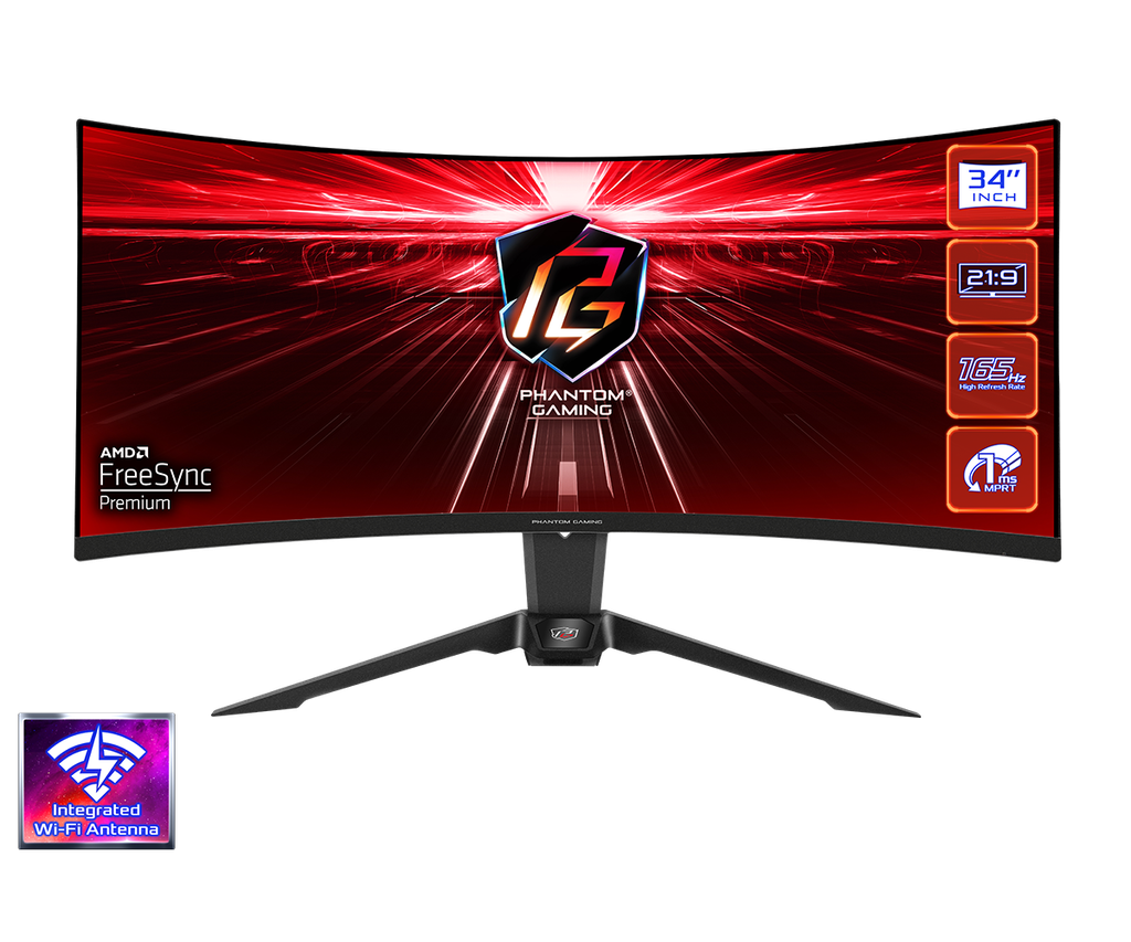 MONITOR GAMING CURVO ASROCK PG34WQ15R2B PHANTOM, 34&quot; VA-WQHD (3440X1440) 1500R, 165HZ, 1MS, WIFI.