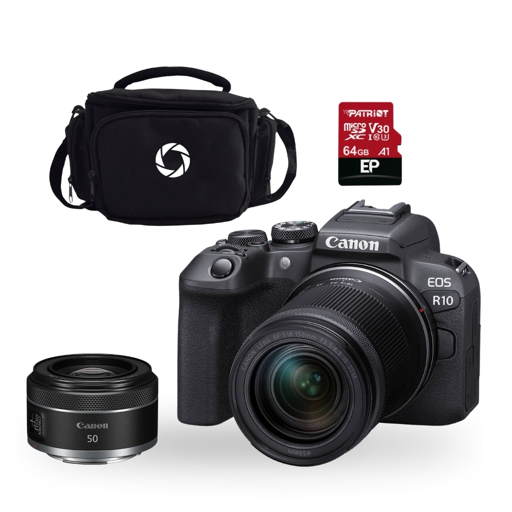 CAMARA MIRRORLESS CANON EOS R10 RF-S 18-150MM IS STM+RF 50MM IS STM+ESTUCHE+MEMORIA (COMBO  94)