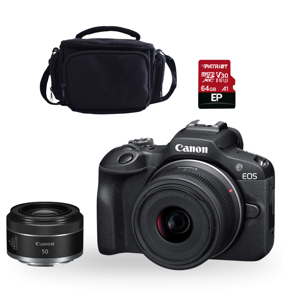 CAMARA MIRRORLESS CANON EOS R100 RF-S 18-45MM IS STM + RF 50MM STM + ESTUCHE + MEMORIA (COMBO 83)