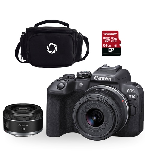 [FOGCAV5331C009AAR10C92] CAMARA MIRRORLESS CANON EOS R10 RF-S 18-45MM IS STM+RF 50MM IS STM+ESTUCHE+MEMORIA (COMBO  92)